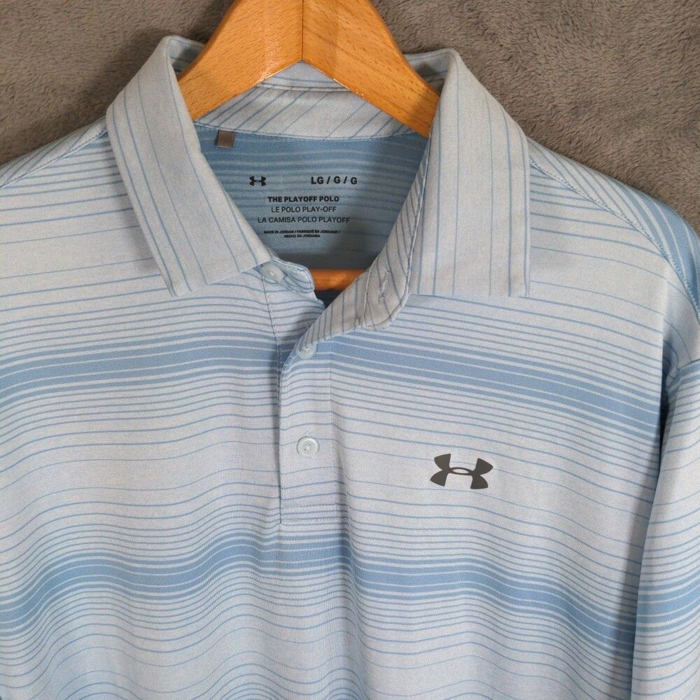 Under Armour The Playoff Polo Men's Large Blue Stripe Performance Shirt Preppy